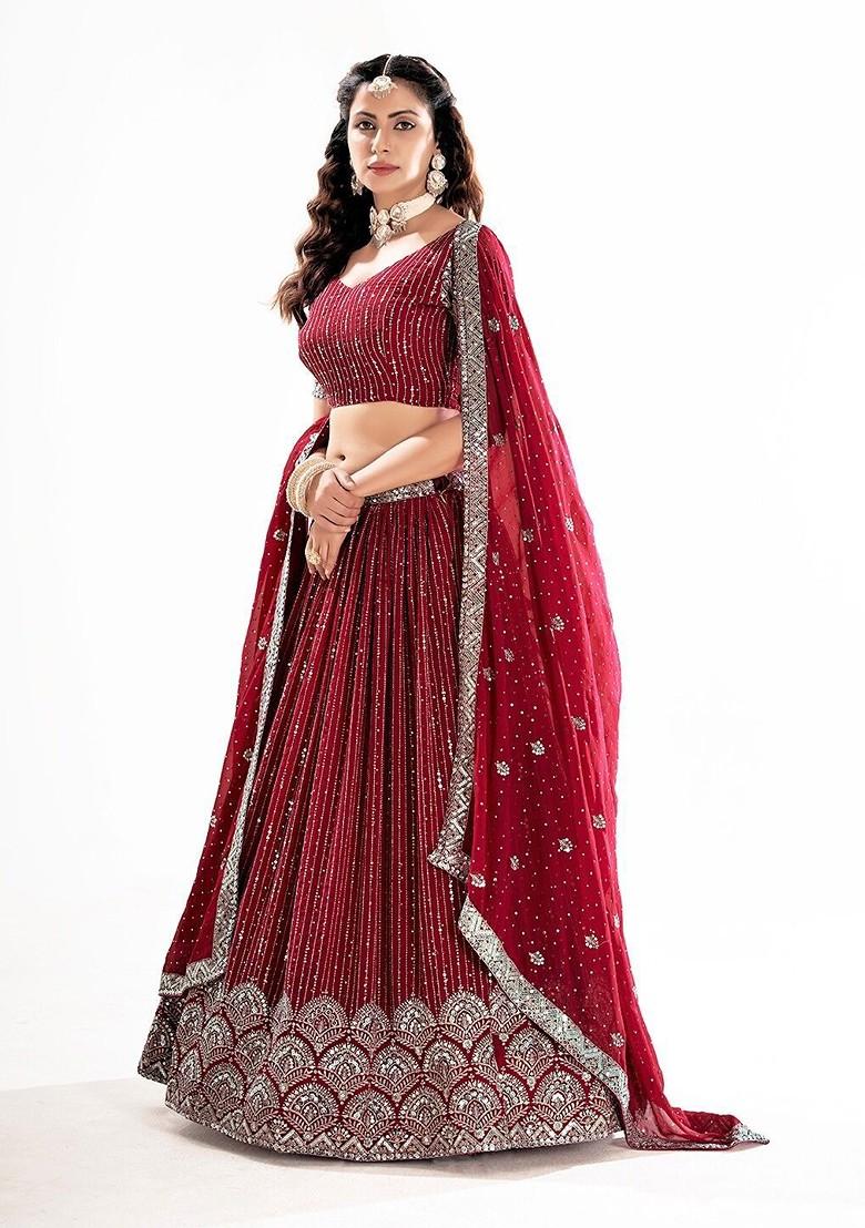 Red Sequin Embroidered Poly Blend Lehenga Set