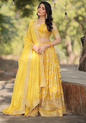 Yellow Pure Viscose Jacquard Sequin Embroidered Lehenga Set