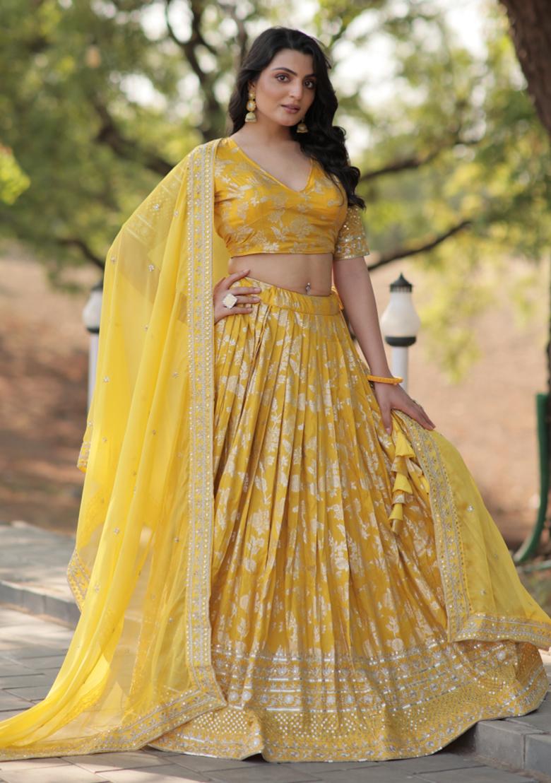 Yellow Pure Viscose Jacquard Sequin Embroidered Lehenga Set