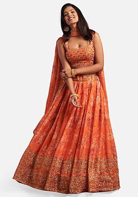 Orange Sequin Embroidered Poly Blend Lehenga Set