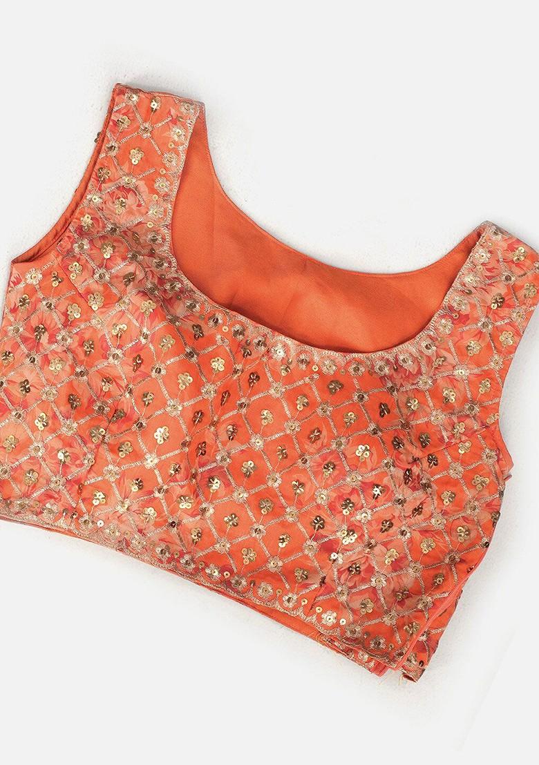 Orange Sequin Embroidered Poly Blend Lehenga Set