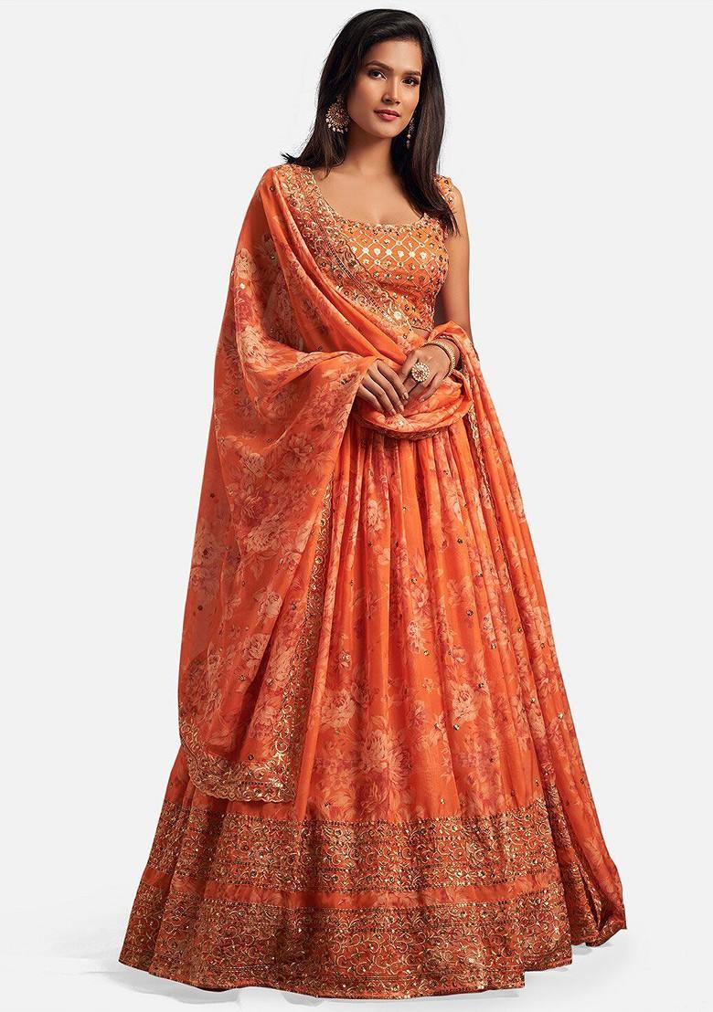 Orange Sequin Embroidered Poly Blend Lehenga Set