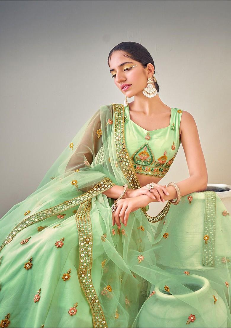 Green Sequin Embroidered Poly Blend Lehenga Set