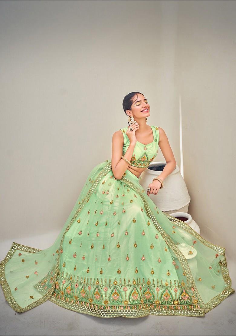 Green Sequin Embroidered Poly Blend Lehenga Set