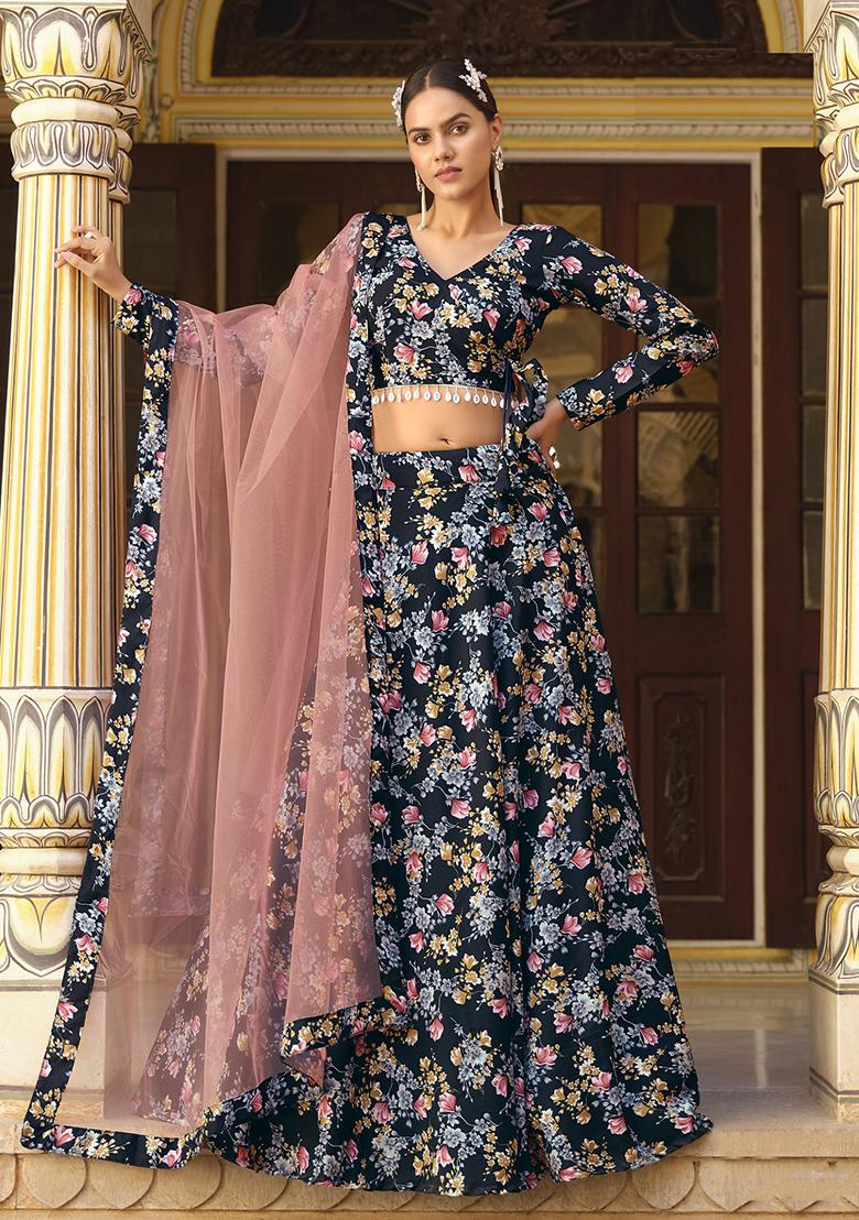 Blue Printed Silk Lehenga Set