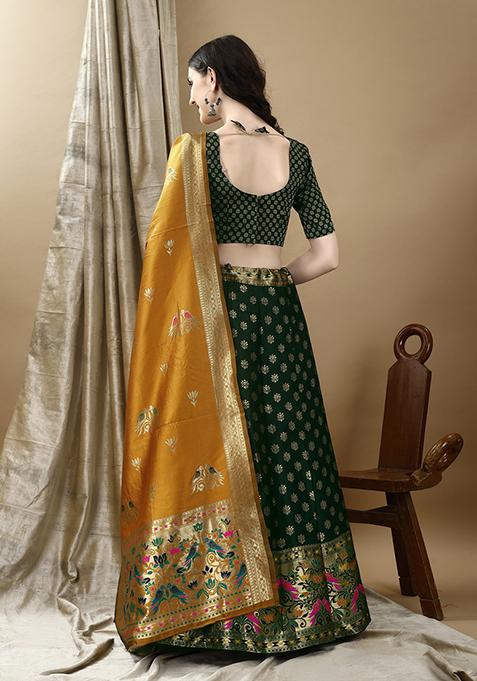 Green Embroidered Soft Silk Jacquard Lehenga Set