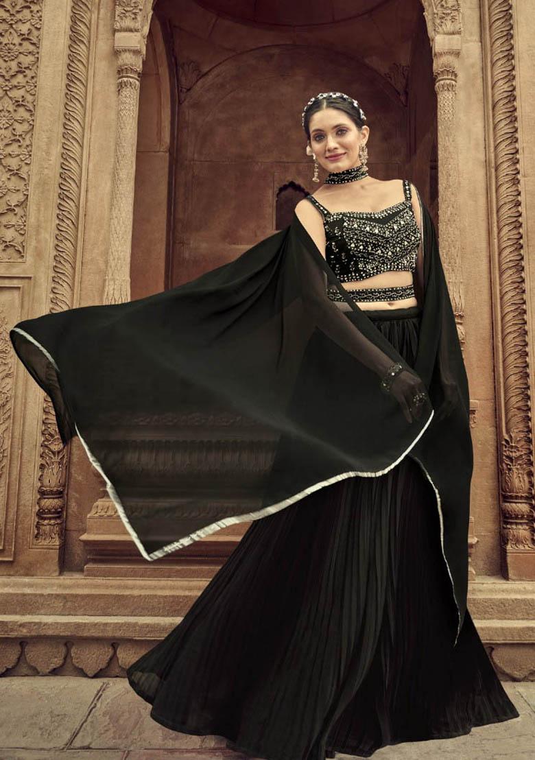Black Hand Embroidered Georgette Lehenga Set