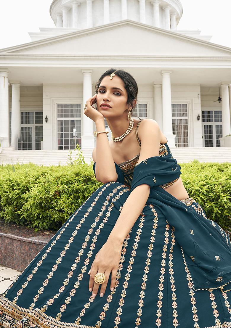 Rama Green Thread Embroidered Georgette Lehenga Set