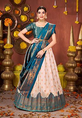 Off White Ethnic Motifs Woven Poly Blend Lehenga Set