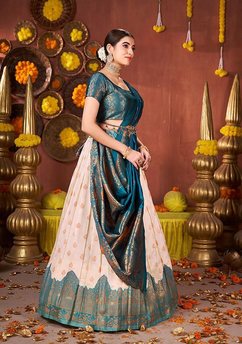 Off White Ethnic Motifs Woven Poly Blend Lehenga Set