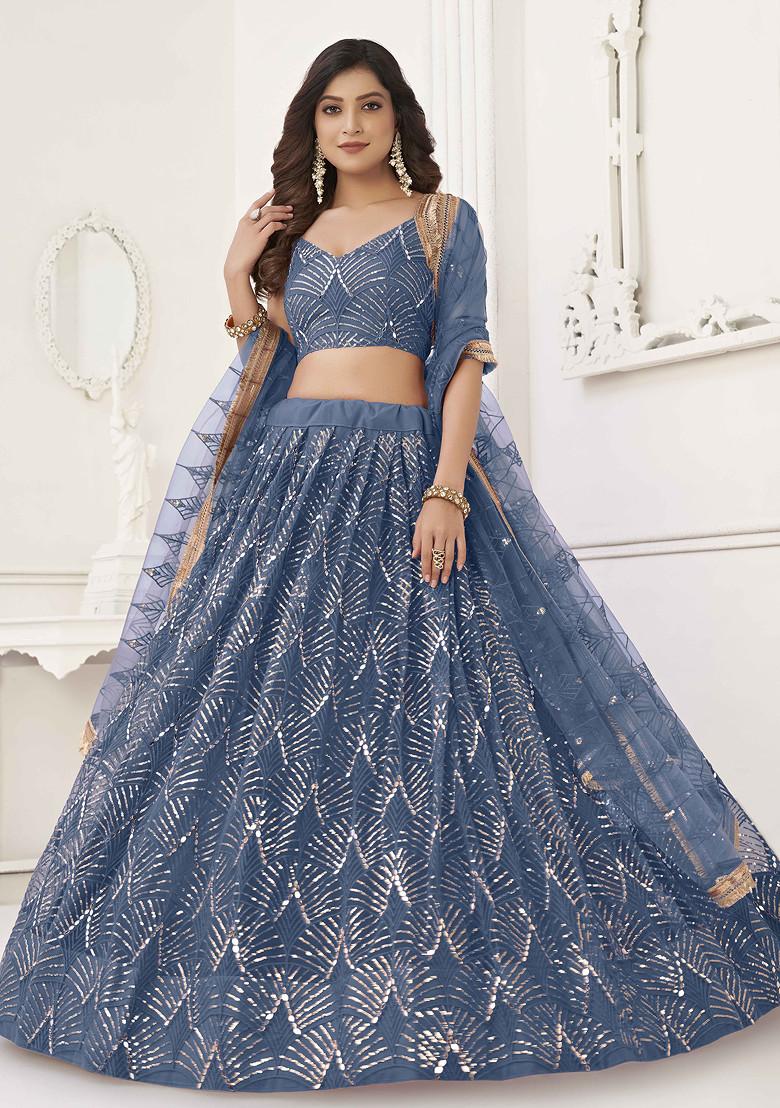 Peach Thread Embroidered Net Lehenga