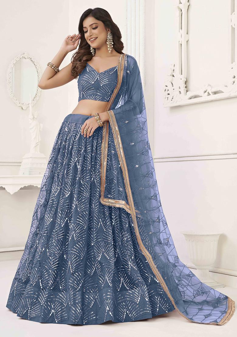 Peach Thread Embroidered Net Lehenga