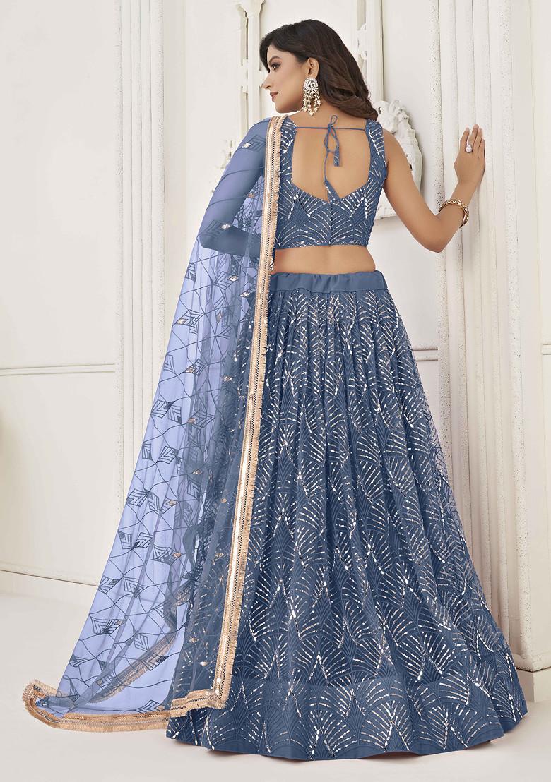 Peach Thread Embroidered Net Lehenga