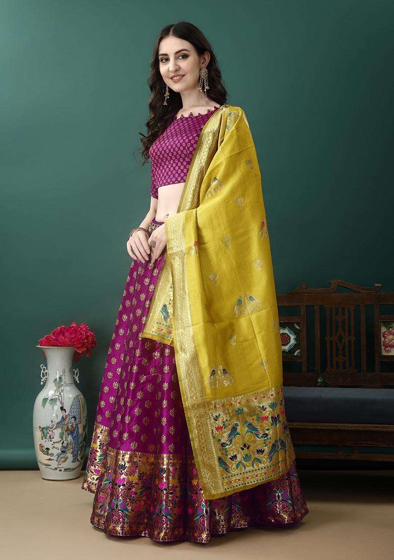 Purple Embroidered Soft Silk Jacquard Lehenga Set