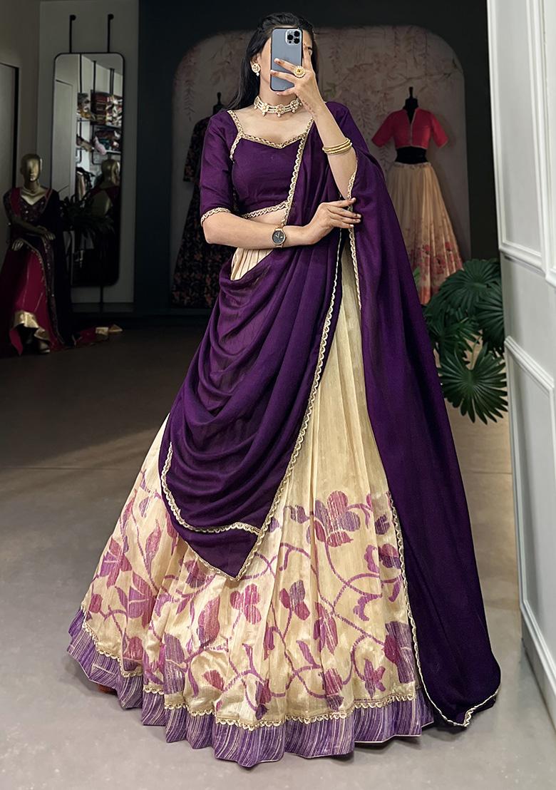 Purple Printed Vichitra Silk Lehenga Set