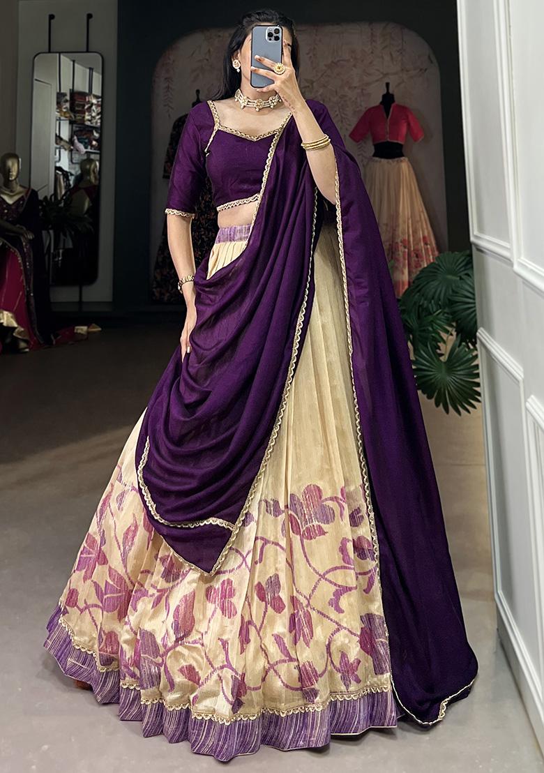 Purple Printed Vichitra Silk Lehenga Set