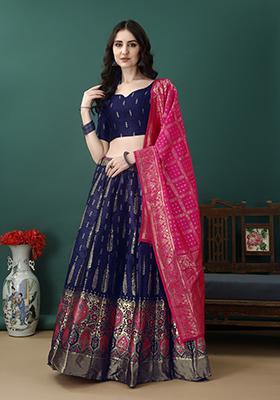 Navy Blue Embroidered Soft Silk Jacquard Lehenga Set
