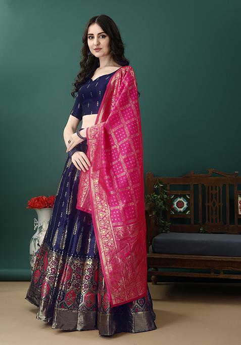 Navy Blue Embroidered Soft Silk Jacquard Lehenga Set