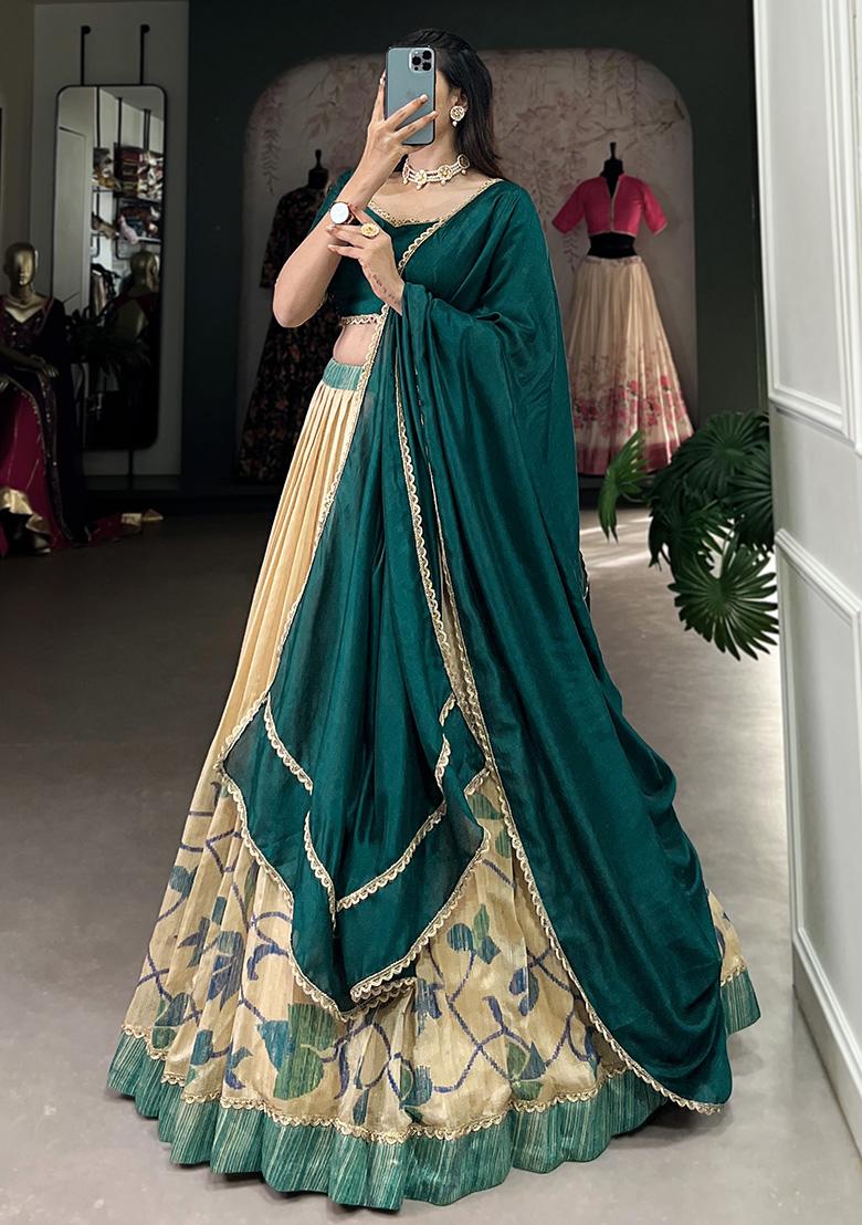 Teal Blue Printed Vichitra Silk Lehenga Set