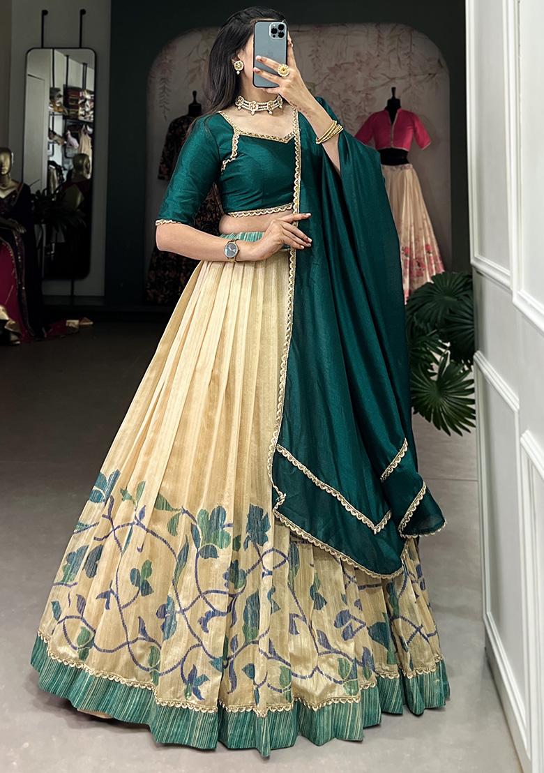 Teal Blue Printed Vichitra Silk Lehenga Set