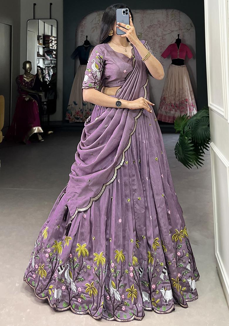 Lavender Sequin Thread Embroidered Vichitra Shimmer Lehenga Set