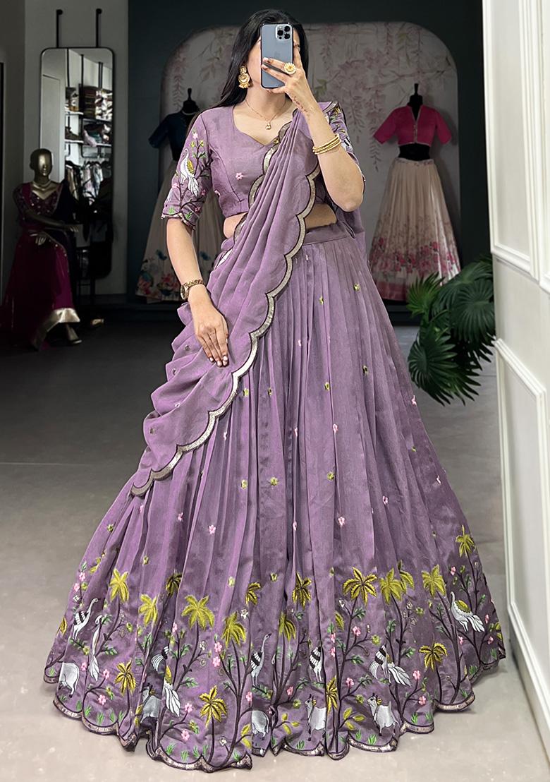 Lavender Sequin Thread Embroidered Vichitra Shimmer Lehenga Set