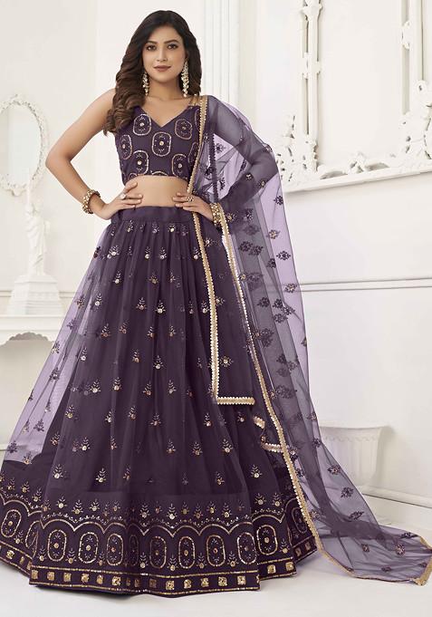 Dusty Wine Sequin Thread Embroidered Net Lehenga