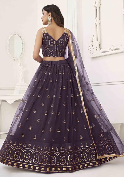 Dusty Wine Sequin Thread Embroidered Net Lehenga