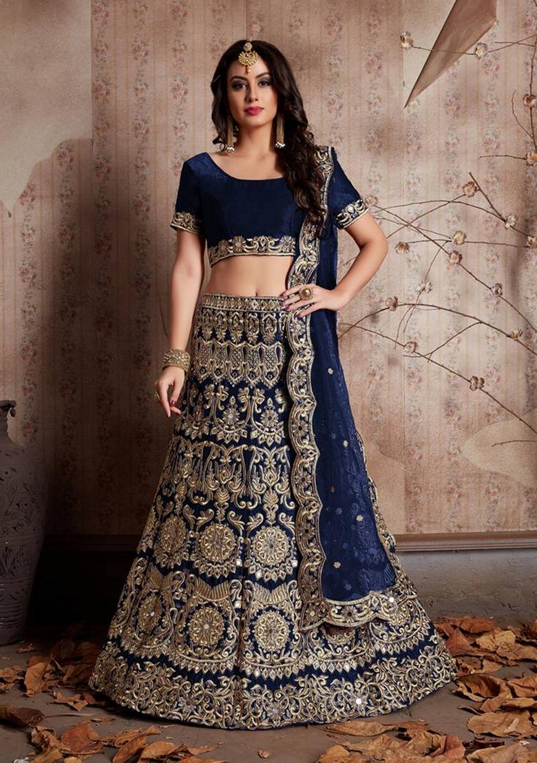 Navy Blue Sequin Zari Embroidered Velvet Lehenga Set