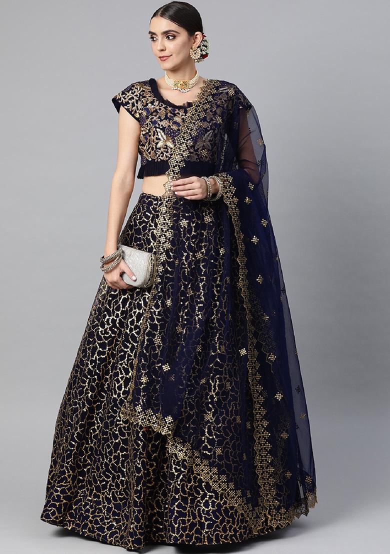 Navy Blue Thread Embroidered Net Lehenga Set