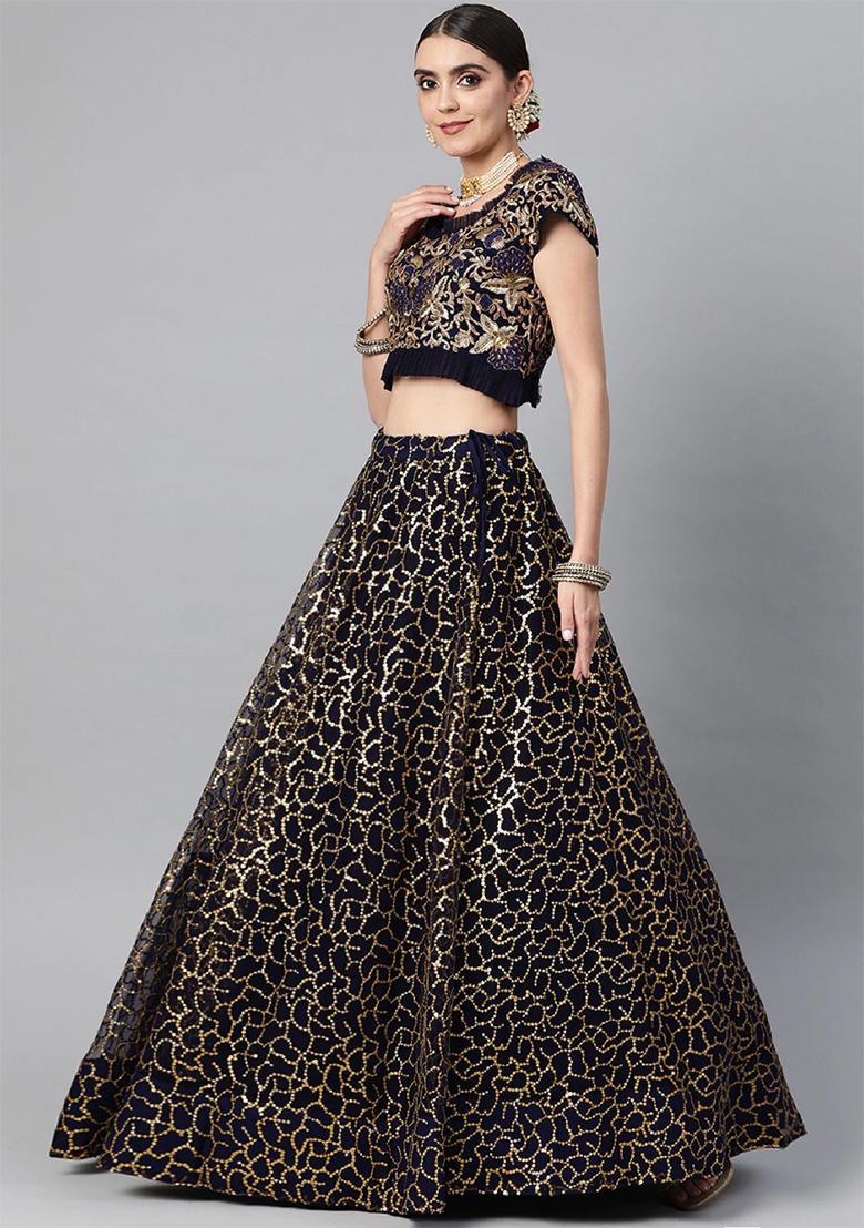 Navy Blue Thread Embroidered Net Lehenga Set
