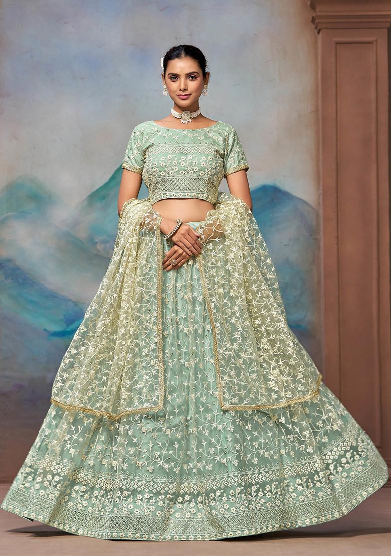 Pista Green Thread Sequin Embroidered Soft Net Lehenga Set