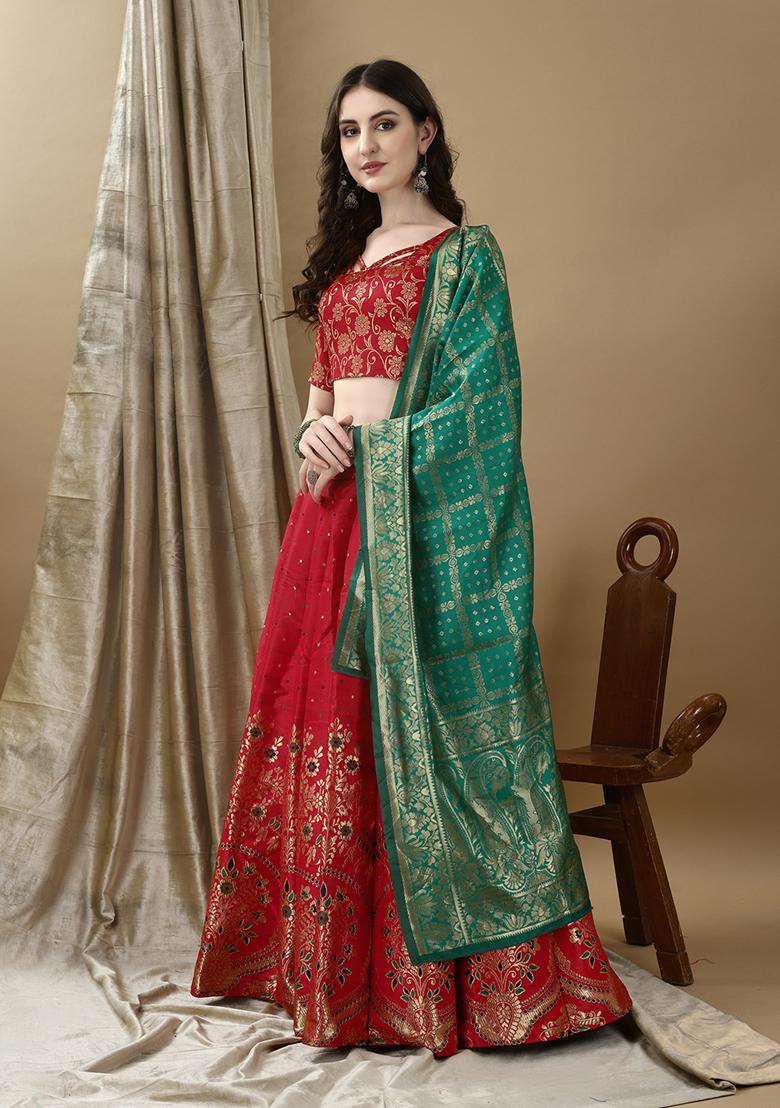Red Embroidered Soft Silk Jacquard Lehenga Set