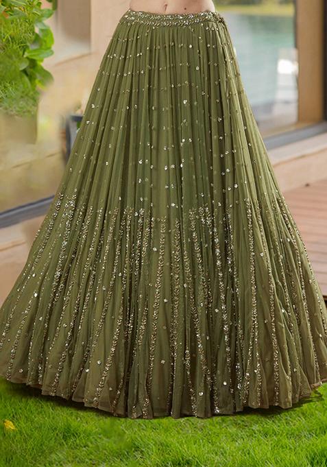 Olive Green Embroidered Georgette Lehenga Set