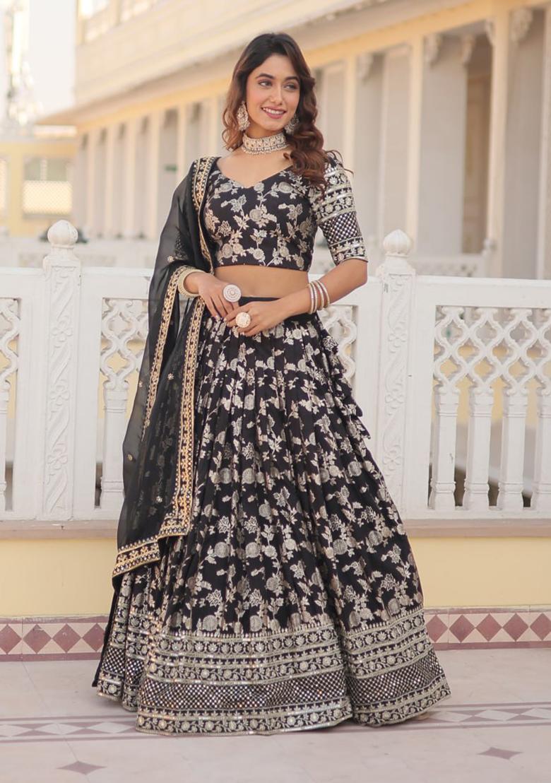 Black Sequin Embroidered Pure Dyeable Viscose Jacquard Lehenga Set