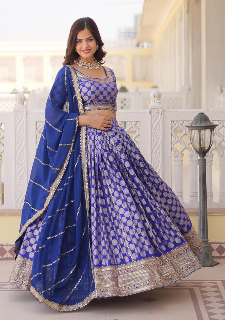 Blue Sequin Embroidered Pure Dyeable Viscose Jacquard Lehenga Set