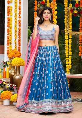 Blue Sequin Embroidered Chinon Lehenga Set