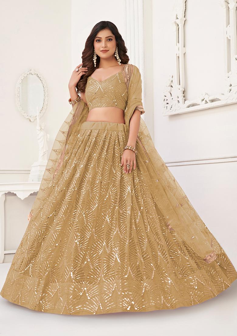 Beige Sequin Thread Embroidered Net Lehenga Set