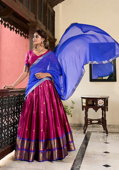 Pink Zari Woven Cotton Silk Lehenga Set