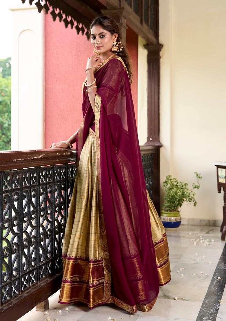 Cream Zari Woven Cotton Silk Lehenga Set