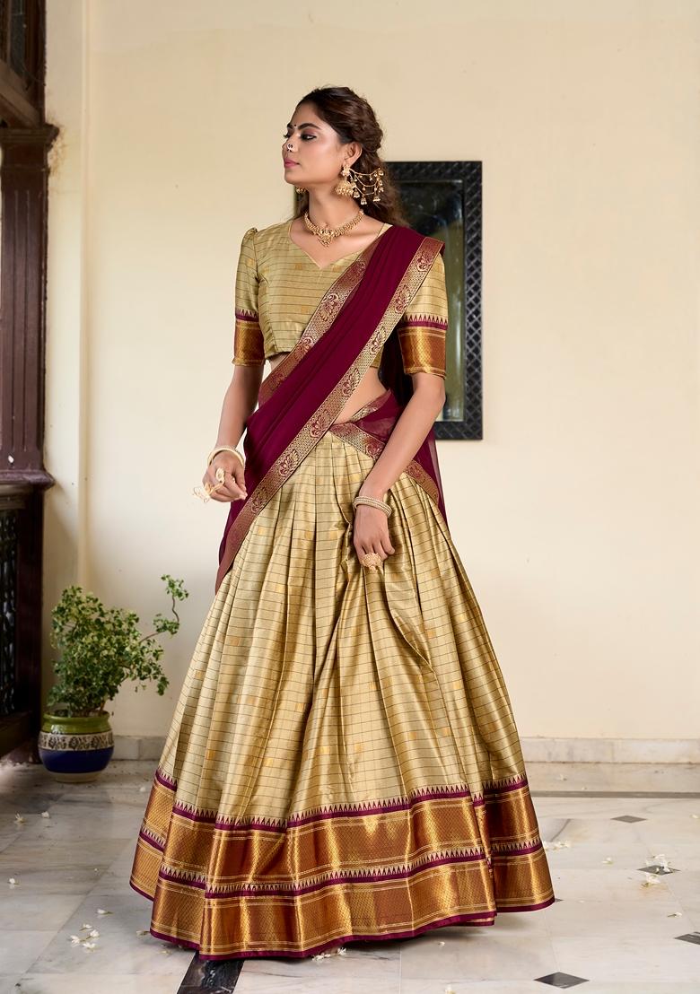 Cream Zari Woven Cotton Silk Lehenga Set
