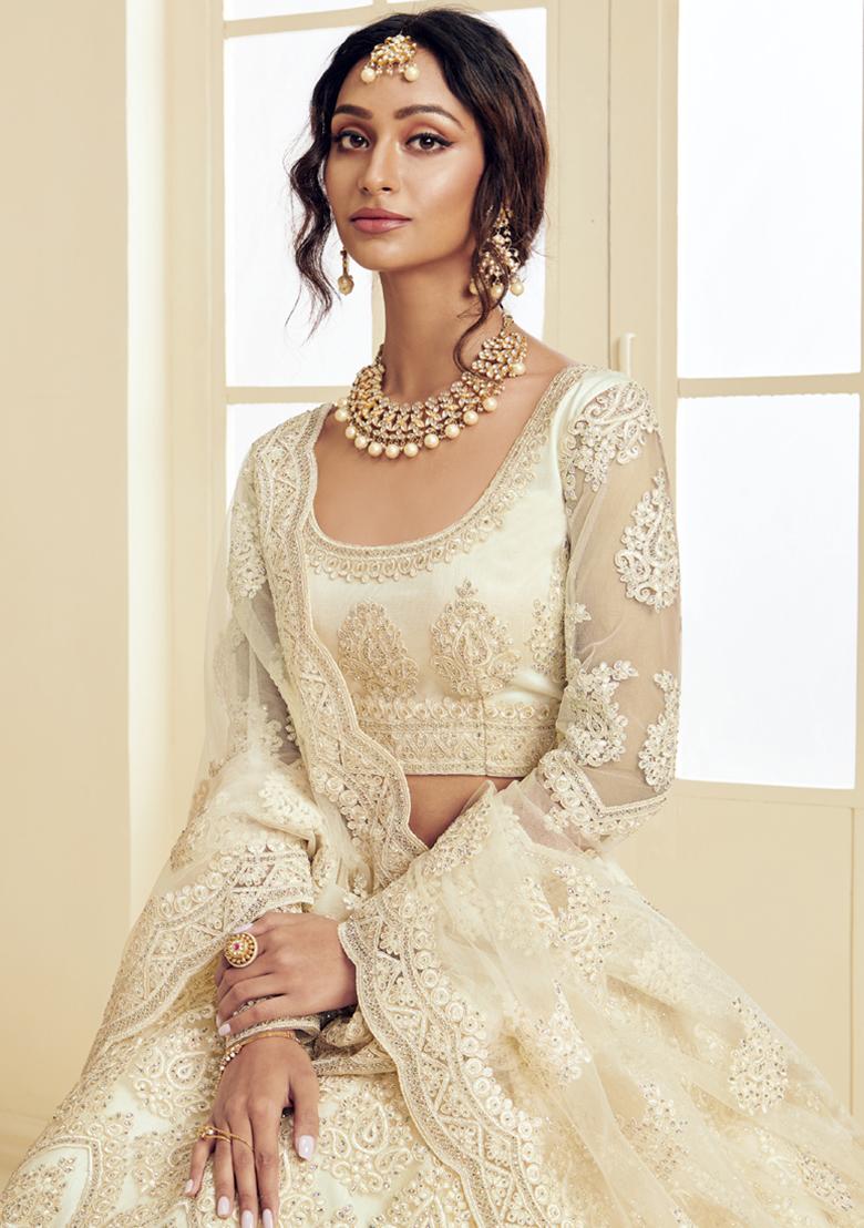 Off White Sequin Embroidered Net Lehenga Set