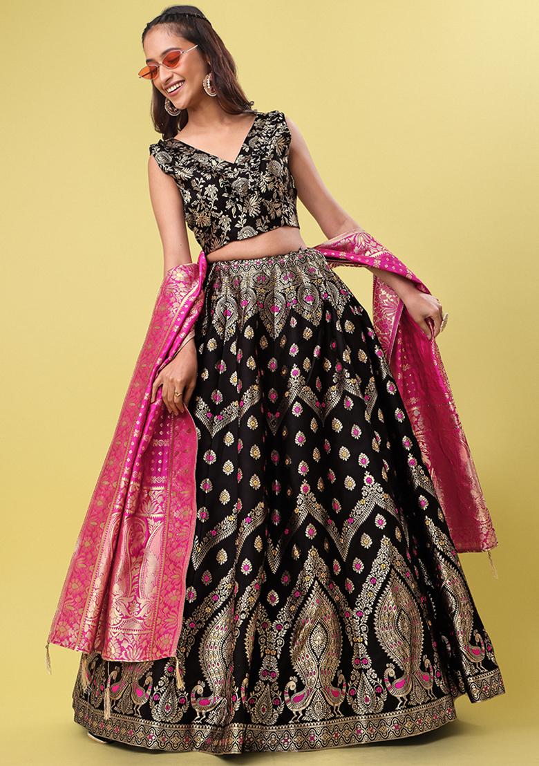 Black Woven Zari Embroidered Jacquard Lehenga Set