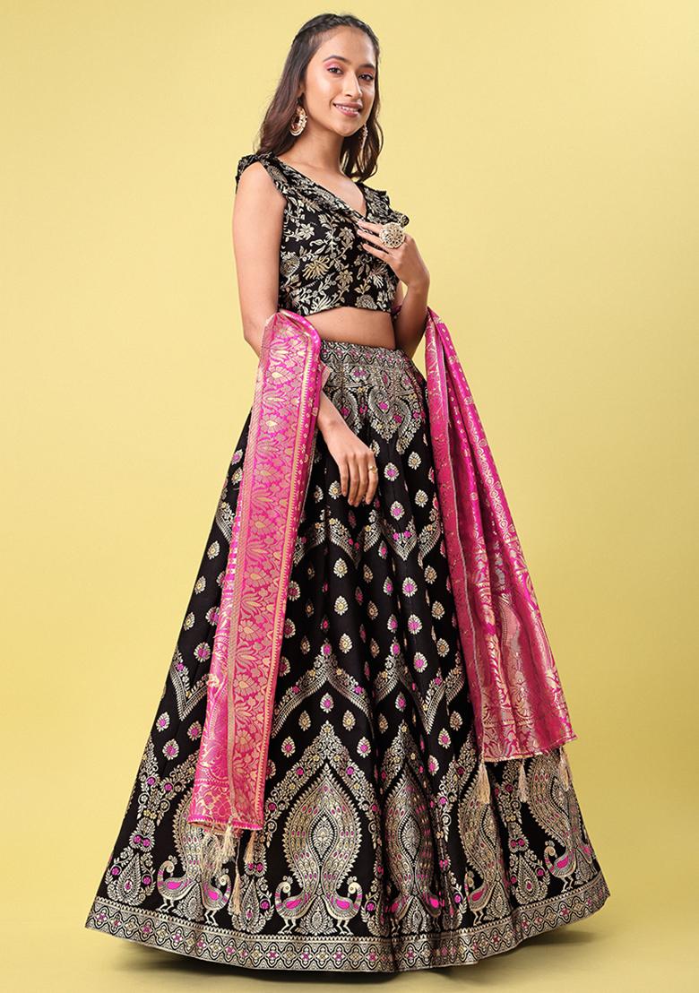 Black Woven Zari Embroidered Jacquard Lehenga Set