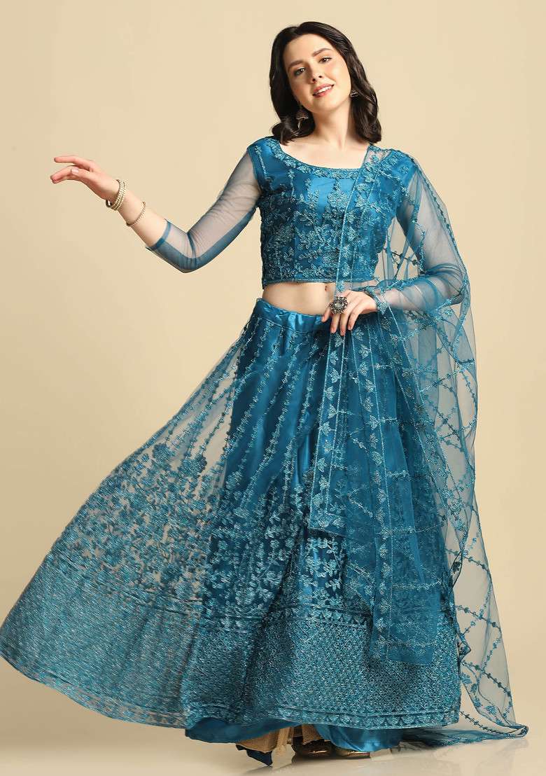 Rama Blue Sequin Embroidered Net Lehenga Set - Indya