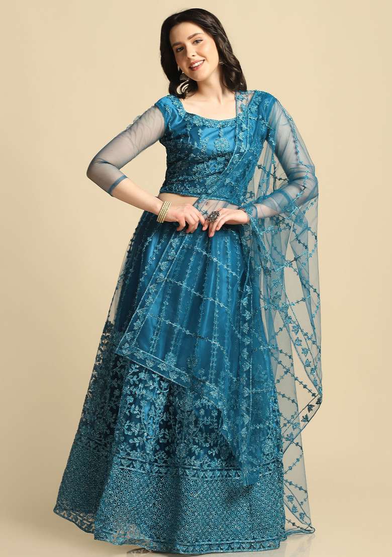 Rama Blue Sequin Embroidered Net Lehenga Set - Indya