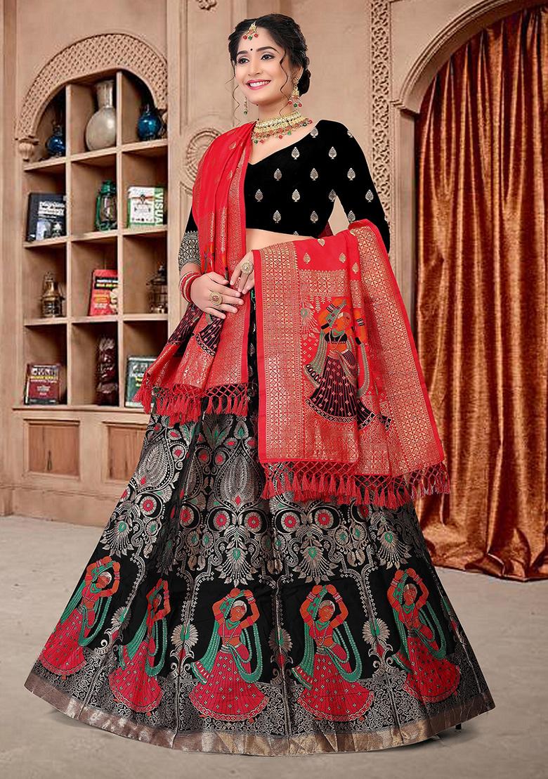 Black Zari Embroidered Jacquard Lehenga Set