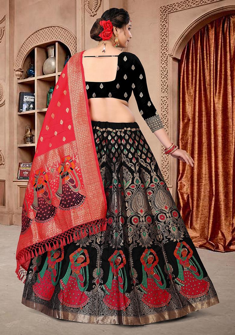Black Zari Embroidered Jacquard Lehenga Set