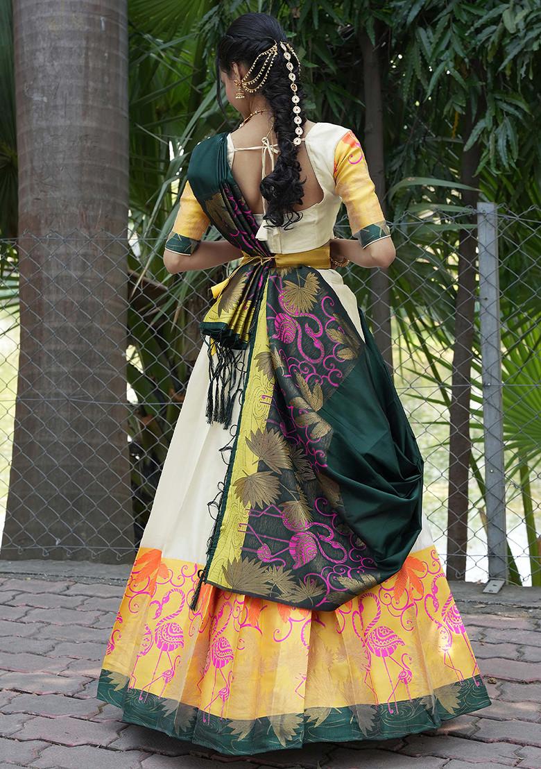 Cream Zari Embroidered Woven Design Litchi Silk Lehenga Set