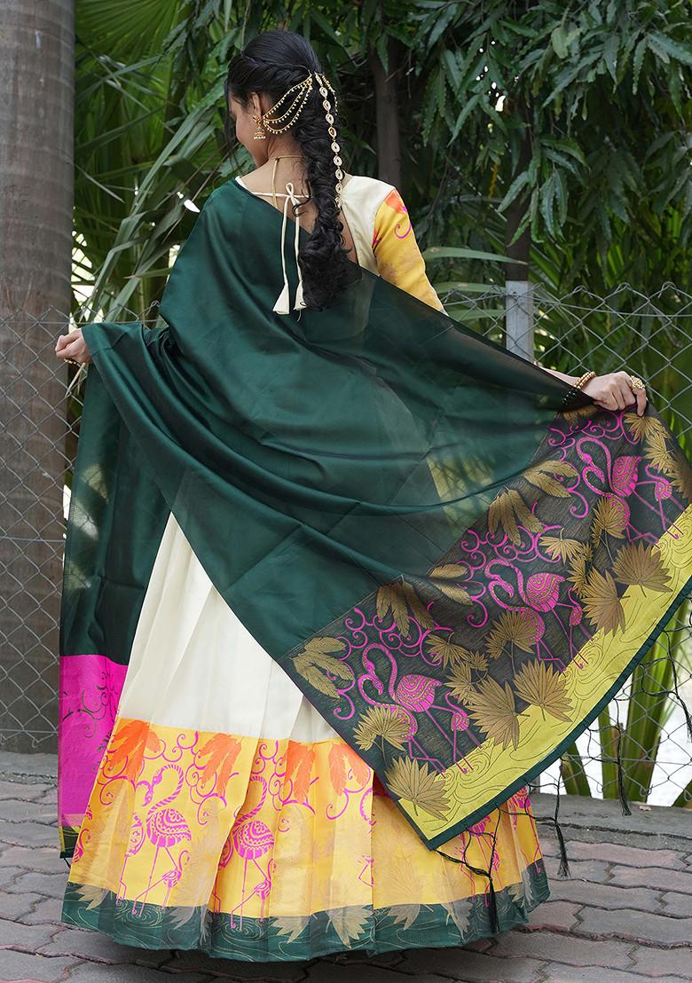 Cream Zari Embroidered Woven Design Litchi Silk Lehenga Set